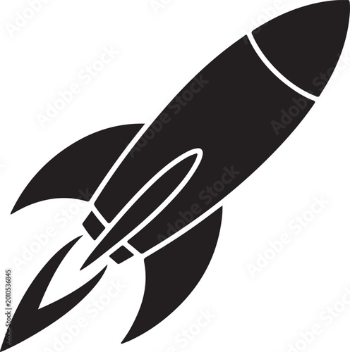 Black Rocket Ship Soaring Upwards Isolated on White Background