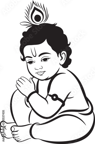Baby Krishna Sitting with Peacock Feather white background