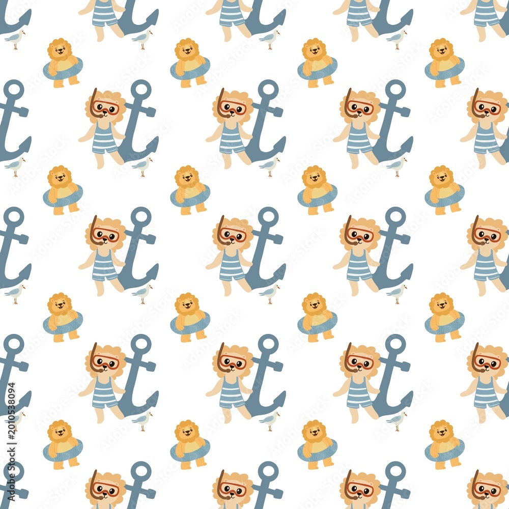 Fototapeta premium Cute lion beach party seamless pattern, funny lion on white background vector.