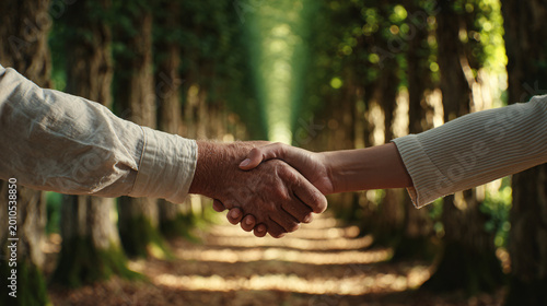 Handshake Between Two People in Warm Sunlight Forest – Trust, Partnership and Unity Concept