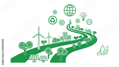 Bild auf Leinwand Green City of Tomorrow: A visionary illustration of a sustainable urban landscape, showcasing wind turbines, solar panels, and eco-friendly structures along a winding path towards a greener future