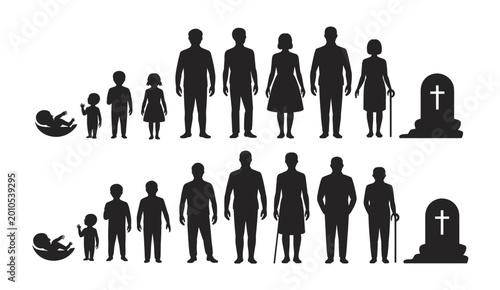 Bild auf Leinwand Silhouettes representing human life stages from birth to old age and death infan