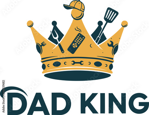 Fun dad king crown with household items and sports equipment
