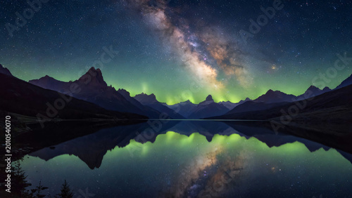 Milky way galaxy above mountain range reflected in calm lake at night