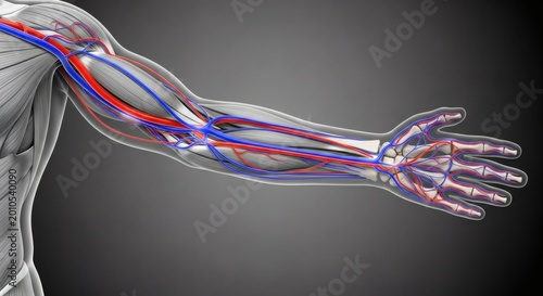Anatomy illustration of a human arm, with a detailed view of the vascular system