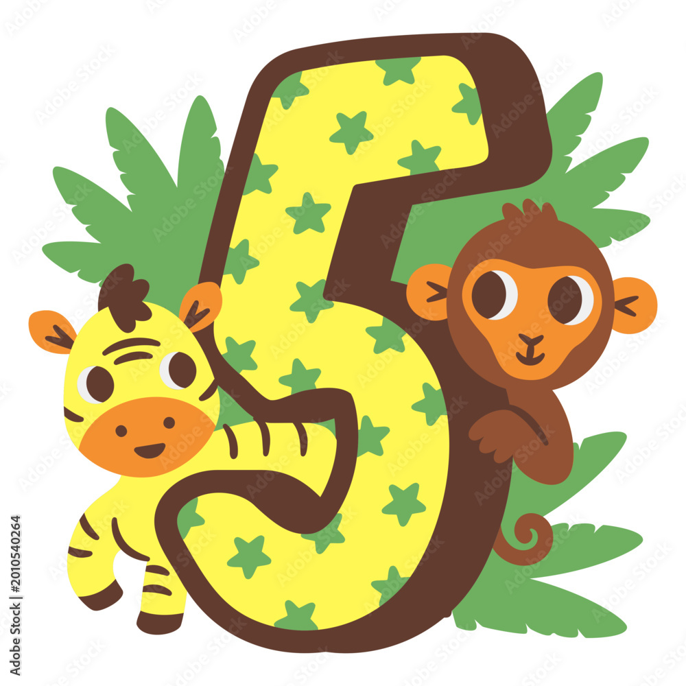 Obraz premium The number five with a monkey and a zebra