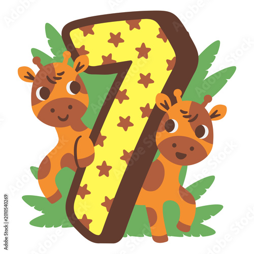 Photography Two giraffes standing next to the number seven
