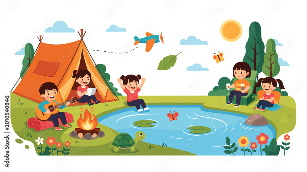 Fototapeta premium Diverse group of friends enjoys a camping trip by a pond with a tent, a cozy campfire, a guitar, and a friendly turtle in the grass.