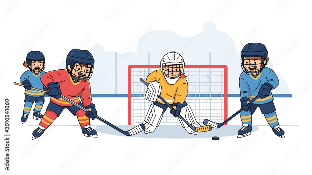 Obraz premium Four children in full protective gear and jerseys playing an exciting game of ice hockey near a goal on a white ice rink during a winter match.