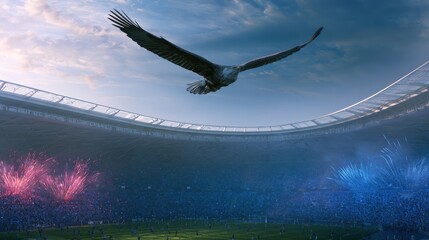A bald eagle soaring over a massive modern soccer stadium, red and blue pyrotechnics in the crowd, epic cinematic sports photography