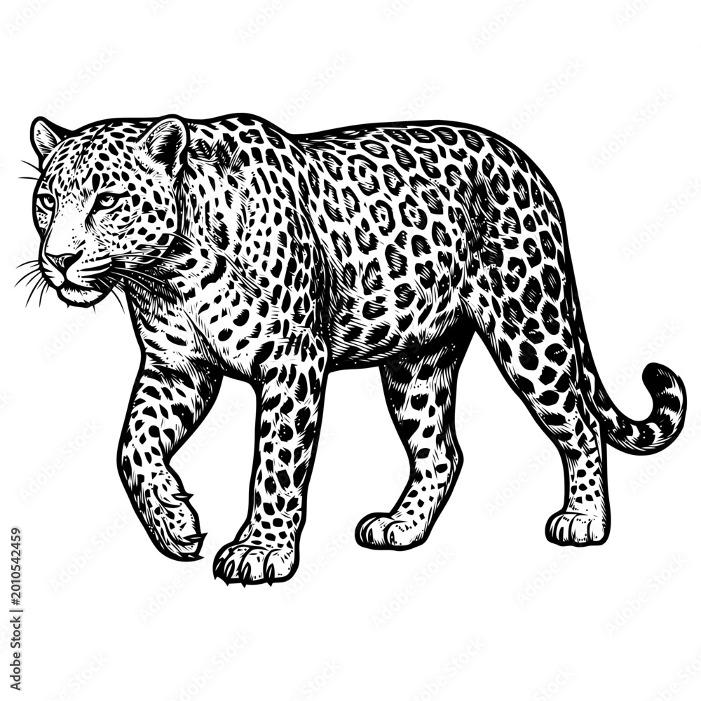 Fototapeta premium A leopard walks forward with a gentle expression on its face in a drawing.