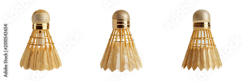 Collection of golden badminton shuttlecock standing upright isolated on a transparent background