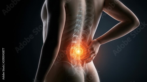 Human torso moving with glowing lower back pain and visible spine in medical anatomy