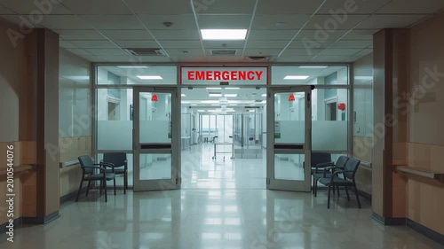 Hospital emergency department entrance hallway with red emergency sign polished floors chairs and glass doors in clinical interior