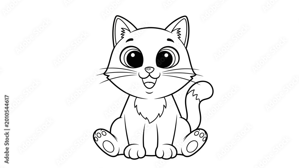 Fototapeta premium A cute cartoon cat with big eyes sitting and smiling, ready for coloring.