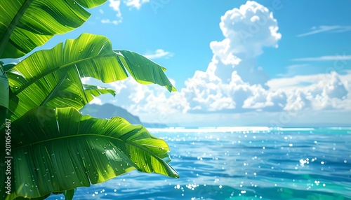 Lush tropical leaves frame sparkling turquoise sea under a sunny, cloudscape sky