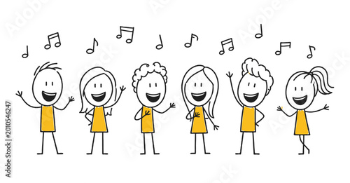 Happy choir of children singing together in a row.