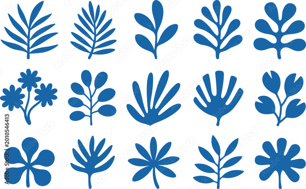 Fototapeta premium Collection of blue silhouette leaves and flowers on white background
