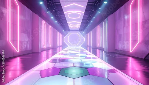 Pink/purple neon hallway with geometric floor, futuristic and symmetrical