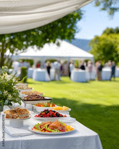 Food is arranged on a table for an outdoor wedding on a sunny day