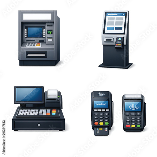 Simple vector credit card icon set showing banking finance ATM machine and digital payment technology