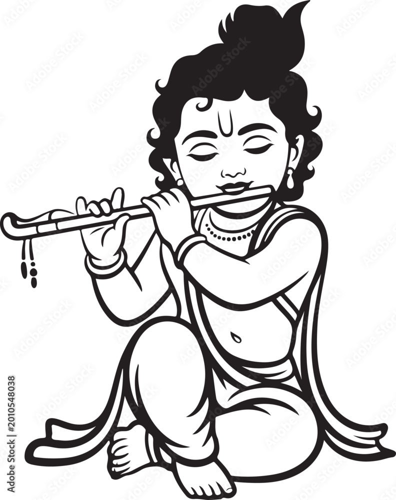 Fototapeta premium Krishna Playing Flute in Traditional Indian Attire Isolated on White