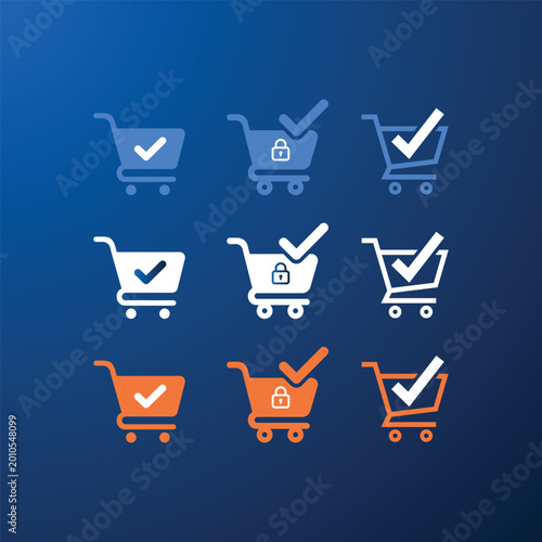 E-commerce Shopping Cart Check Icon Set – Secure Checkout and Purchase Symbols