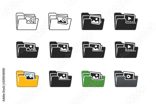 Set of folder icons for web and mobile apps with various media and file symbols