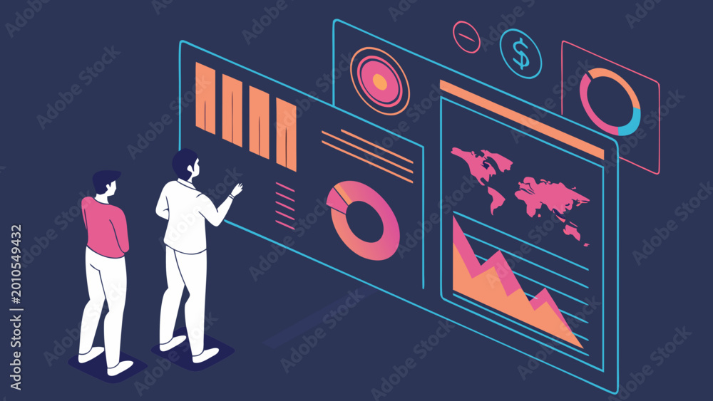 Obraz premium Two people analyze a large infographic with charts and graphs in an office.