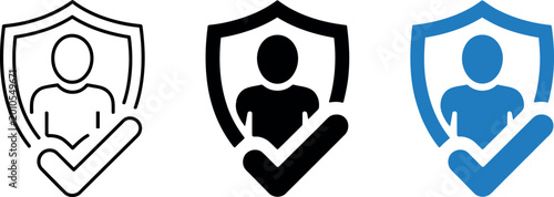Security icons with shield and checkmark and person protected