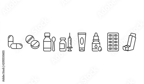 Quadro su tela Dosage forms linear icon set with pharmaceutical medicine types in clean medical