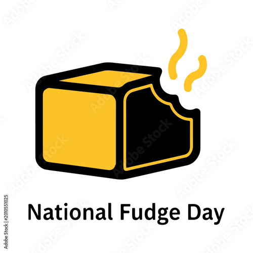 National Fudge Day vector illustration, chocolate fudge cube with bite mark, minimalist food holiday icon, yellow and black dessert graphic