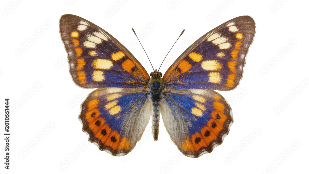Fototapeta premium Blue orange patterned butterfly with delicate wings and antennae