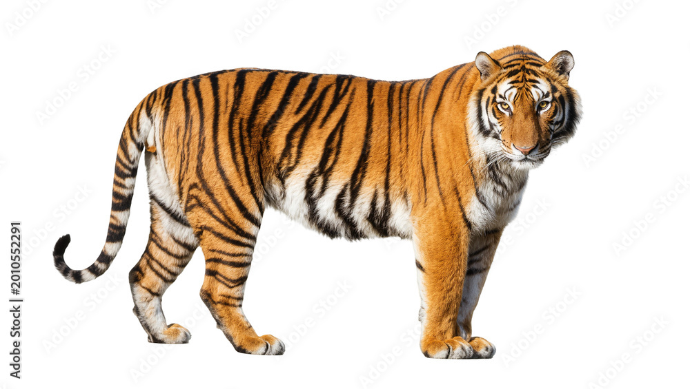 Obraz premium Orange striped tiger standing full body profile view