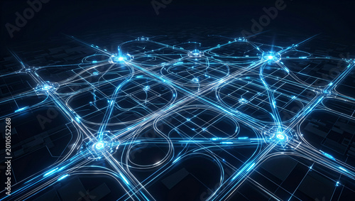 Futuristic glowing blue neon wireframe smart city network infrastructure map