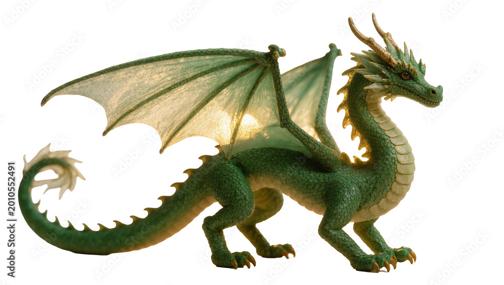 Fototapeta premium Green mythical dragon with silver wings and curled tail