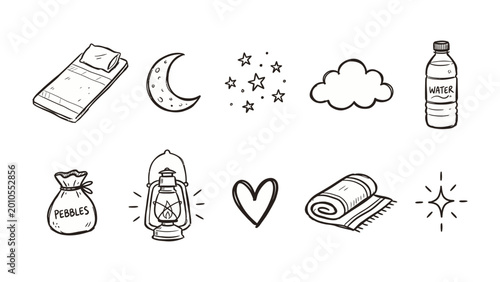 Quadro em tela Nighttime Doodle: A collection of charming hand-drawn illustrations captures the essence of tranquility and the elements of a peaceful night