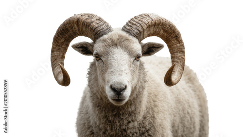 Fotografia Grey woolly Ram with large curved horns close up