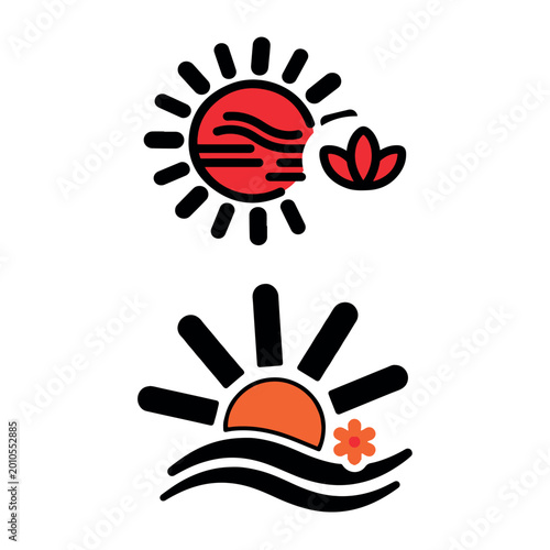 Minimalist sun and wave icons, modern sunrise and sunset vector illustrations, red and orange solar symbols with floral accents for travel branding