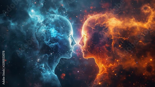Blue and orange energy faces meeting in cosmic space with glowing nebula particles for conflict balance and emotional connection concept