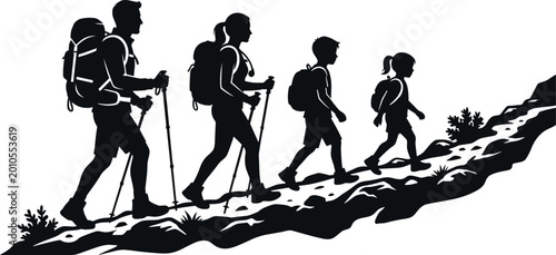 family hiking silhouette with backpacks on a mountain trail high quality professional detailed modern elegant stylish clean crisp vibrant colorful digital