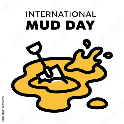 International Mud Day vector illustration, brown puddle with shovel icon, outdoor play and nature education concept, flat graphic for social media