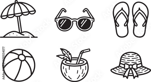 Beach icons, summer vacation symbols, line art illustrations, black and white, 6 piece set, vector graphics