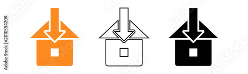 Photography House with downward arrow icon set color outline and solid black versions