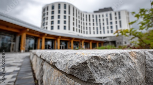Low angle view of a rough grey stone retaining wall in the foreground with a blurred modern white curved hotel building and wooden architectural details in the background