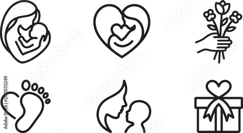Love, Mother's Day, Heart, Icon Set, Line Art, Vector Graphics