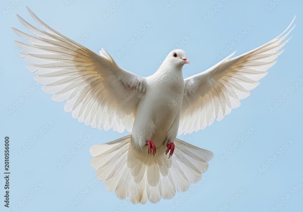 Obraz premium White dove flying with wings spread in the sky