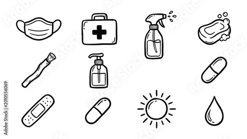 Foto Health Essentials Illustration: An illustrative arrangement of medical necessities and hygiene tools
