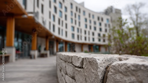 Close up view of a textured grey stone wall with a blurred modern curved building in the background on a cloudy day in an urban outdoor setting with natural light
