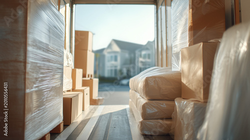 Packed moving truck with wrapped furniture and boxes ready for home relocation and delivery service.